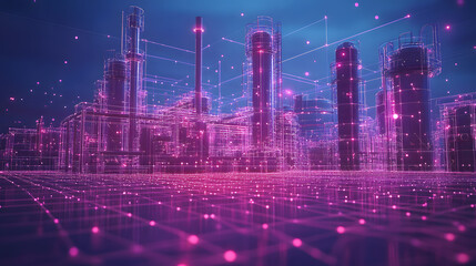 Aufkleber - Futuristic industrial complex rendeBlue in holographic Blue and pink wireframes. A connected grid and floating orbs complete this digital cityscape. Abstract wireframe in dark Blue.