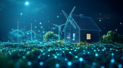 Fototapete - Futuristic scene with wireframe windmill, house, and turbines connected by a glowing network under a stylized moon. Renewable energy meets digital connectivity. Abstract wireframe in dark blue.