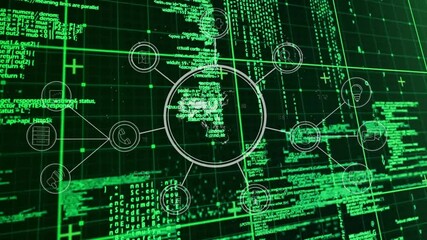 Poster - Central network hub being rendered in 3D on dark grid, connecting icon circles with glowing lines