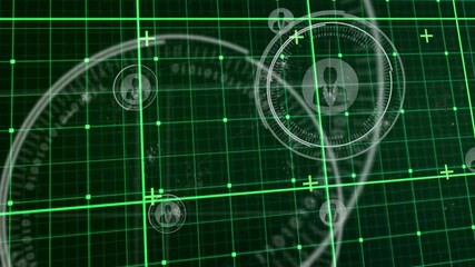 Poster - Virtual digital interface pulsing neon green grid, connecting radar circles with silhouette icons
