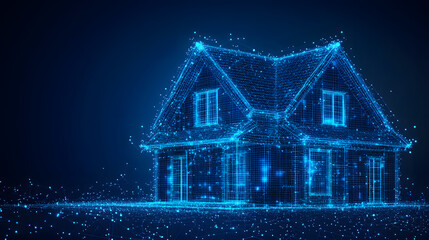 Poster - Futuristic home concept rendered as a glowing blue wireframe. Represents modern architecture and technology. Ideal for real estate or design themes. Abstract wireframe in dark blue.