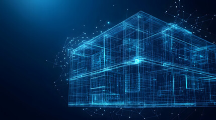 Fototapete - Futuristic blue wireframe structure against a dark backdrop, showcasing interconnected digital networks. Ideal for tech and architectural themes, abstract wireframe in dark blue.