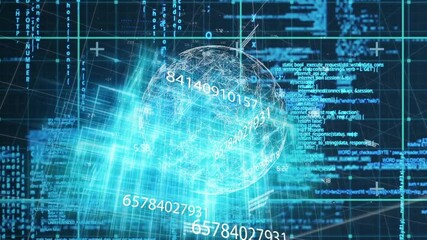 Poster - Wireframe sphere rotating at center in digital network, displaying floating code and grid planes