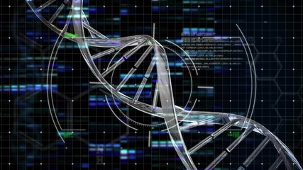 Aufkleber - Metallic DNA double helix floating across screen, showing neon streaks with code panels and grid