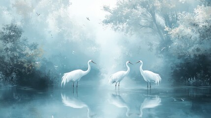Naklejka na meble Serene landscape featuring two elegant cranes standing in a misty lake. surrounded by dense evergreen trees. creating a tranquil atmosphere perfect for nature-themed projects