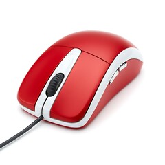 close up of a red computer mouse with cable isolated on white background