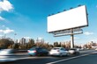 © kuuro - A bustling highway scene featuring a large blank billboard under a bright blue sky with fluffy clouds. surrounded by greenery and urban structures in the background