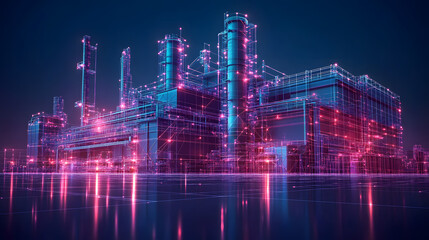 Poster - Futuristic industrial complex with neon blue and pink lights. Reflective ground enhances the vibrant technological scene. A stylized vision of industrial power. Abstract wireframe in dark blue.