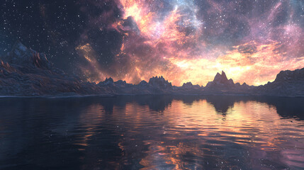 Wall Mural - celestial serenity: majestic twilight landscape mirrored in serene water, with a panorama of mountai