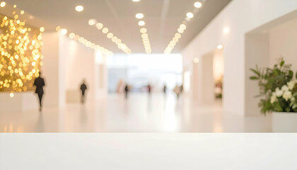 Poster - Blurred Festive Light Background of an Expo Hall with Bokeh Effects Abstract Backdrop with Golden Yellow and White Lights with Copy Space