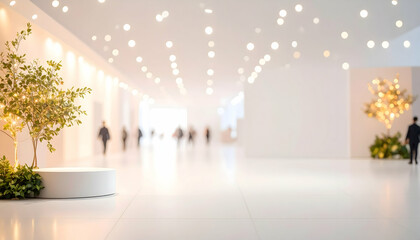 Aufkleber - Blurred Firefly Light Background of a Modern Expo with White Interior Hallway Architecture and Minimalist Design Featuring Abstract Shapes