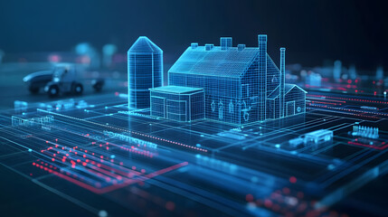 Poster - Futuristic blue wireframe scene showcasing a house, silo, and garage on a glowing grid. Suggests advanced tech and interconnectedness with a blurred vehicle outline. Abstract wireframe in dark blue.