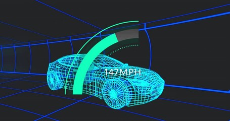 Poster - Neon blue 3D wireframe sports car being rendered inside glowing grid tunnel, showing 131 MPH gauge