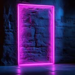 Poster - neon pink framed rectangle on a stone wall
