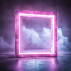 Poster - neon pink square frame in a smoky, futuristic setting