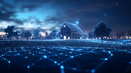 Fototapete - Futuristic farmhouse glows under a starlit sky. Digital field and serene trees create a tranquil scene. Perfect for technology or architectural concepts. Abstract wireframe in dark blue.