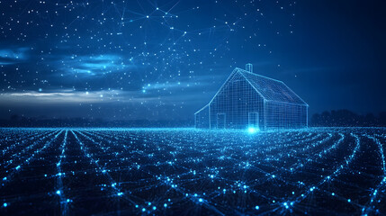Poster - Futuristic home concept visualized with a blue wireframe house on a digital grid under a starry sky. Represents technological innovation and connected living. Abstract wireframe in dark blue