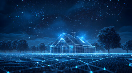 Poster - Futuristic digital home glowing blue amidst a networked grid landscape under a starry sky. Tech, connectivity, and innovation converge in this digital dreamscape. Abstract wireframe in dark blue.