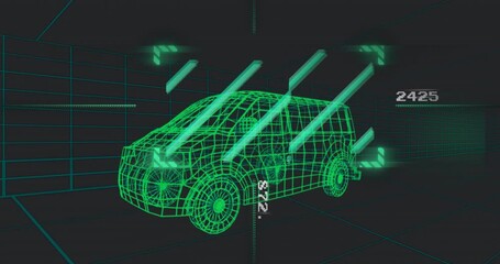 Poster - 3D wireframe van gliding through neon green grid while scanning bars projecting numeric display