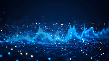 Poster - Digital network visualization featuring luminous points, interconnected grids, and data waveforms. Modern technological feel conveyed through blue shades, ideal abstract wireframe in dark blue.