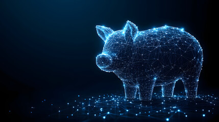 Poster - Futuristic piggy bank concept. Interconnected blue lines and nodes form a wireframe pig on a matching surface. A modern take on savings, ideal for finance themes. Abstract wireframe in dark blue.