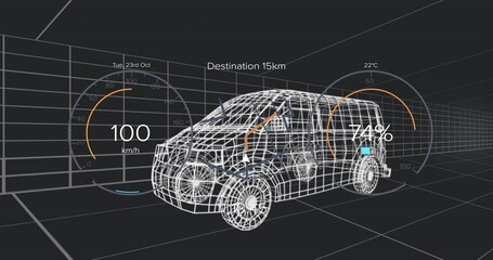 Poster - 3D wireframe vehicle model showing live speed, charge and temperature with route arrows over grid
