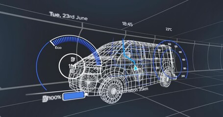 Poster - 3D render showing wireframe SUV cruising through dark grid with glowing HUD gauges and route line