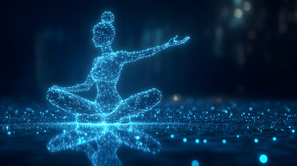 Leinwandbilder - Futuristic yoga illustration featuring a glowing, low-poly figure in lotus position. Reflective surface and bokeh lights enhance the digital mindfulness theme. Abstract wireframe in dark blue