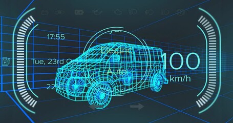 Poster - Wireframe SUV model moving through neon blue 3D grid displaying digital HUD gauges