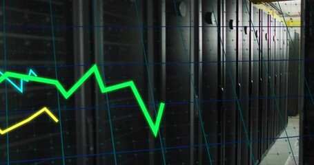 Poster - Server racks lining corridor while neon green and yellow charts scrolling across blue grid