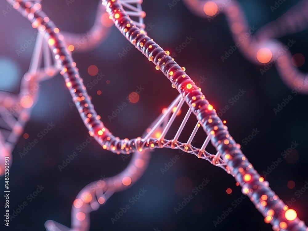 3D Illustration of DNA Helix with Glowing Particles Representing CRISPR ...