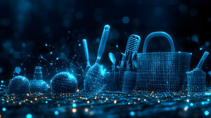 Aufkleber - Luminous blue wireframe objects glow against a dark backdrop, creating a futuristic and ethereal scene. Spheres, vase, spoon, spatula, microphone, and watering can. Abstract wireframe in dark blue.
