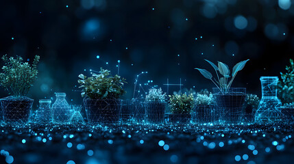 Aufkleber - Stylized digital art showcases glowing blue wireframe plants and glass jars. Bokeh lights enhance depth in the dark background. Ideal for modern design concepts. Abstract wireframe in dark blue.