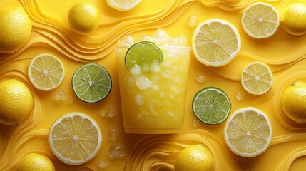 Leinwandbilder - Bold yellow summer ad design with iced lemon lime cup in the middle, surrounded by soft vector curves and lines