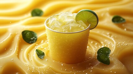 Leinwandbilder - Bold yellow summer ad design with iced lemon lime cup in the middle, surrounded by soft vector curves and lines