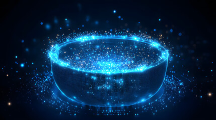 Aufkleber - Futuristic technology concept featuring a glowing blue hemispherical grid. Dynamic particles and blurred orbs create depth and energy. Abstract wireframe in dark blue.