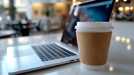 Poster - Closeup view of a modern office table with a sleek laptop and a warm coffee cup on a pristine white surface
