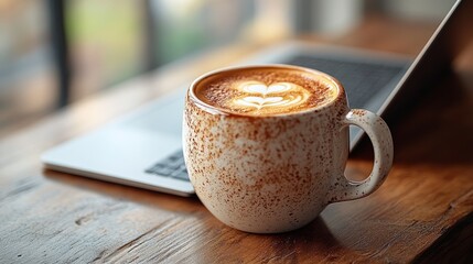 Poster - Crisp and clean workspace closeup showing productivity essentials: laptop and coffee