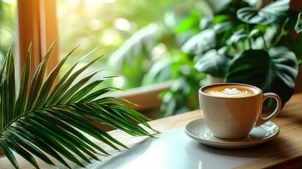 Fototapete - Elevated flat lay with clean surface, fresh palm leaf, and warm coffee cup under gentle daylight