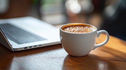 Poster - Focused detail of an office tabletop with laptop and warm coffee cup arranged neatly