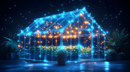 Fototapete - Futuristic greenhouse with glowing blue grid and orange lights nurturing flowers under a starry sky. Potted plants add a botanical touch. Abstract wireframe in dark blue. 180 characters