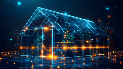 Leinwandbilder - Futuristic greenhouse with glowing plants and reflective water. Set against a dark background with dispersed lights, creating a modern, conceptual scene. Abstract wireframe in dark blue.