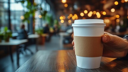 Poster - Person placing white paper coffee cup on coworking desk, casual modern office vibe