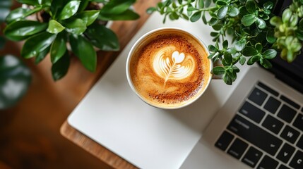 Poster - Top-down view of white office desk with laptop and fresh coffee cup in natural daylight