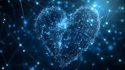 Aufkleber - Abstract wireframe heart glowing in the dark symbolizes digital love and connection. Futuristic technology network radiates with intricate lines and nodes. Abstract wireframe in dark blue.