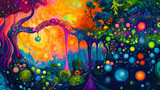 A mesmerizing display of neon colors and fluid dynamics in abstract art. [Skyroot Canopy] | Rainthread Coil | drip curl. Illustration