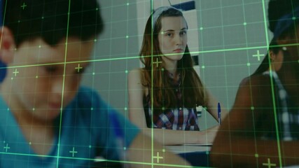 Poster - Students writing at classroom desks, showing green grid overlay with floating education data chart