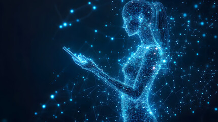 Aufkleber - Futuristic depiction of a woman engrossed in her smartphone. Glowing blue wireframe connects her to the digital world, set against a deep blue backdrop. Abstract wireframe in dark blue.