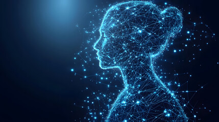 Aufkleber - Digital portrait of a woman's profile made of interconnected blue lines and nodes, representing AI, data, and connectivity. Abstract wireframe in dark blue. Suggests intelligence and technology.