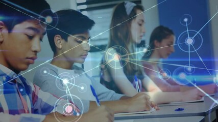 Poster - four students writing on classroom desks, showing education network graphics with glowing nodes